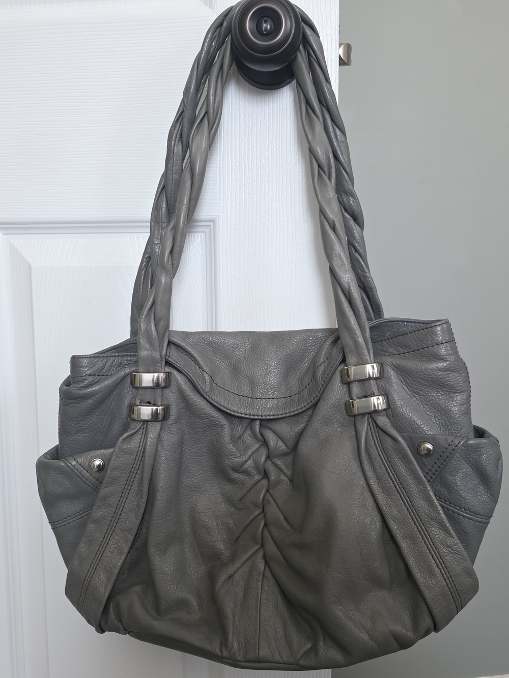 b. makowsky Gray Genuine Real Leather Braided-Handle Handbag Purse